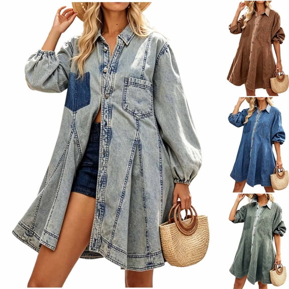 Purcolt Womens Vintage Denim Dress Lantern Long Sleeve Button Down Jean Dresses Fall Casual A Line Western Cowgirl Shirt Dress