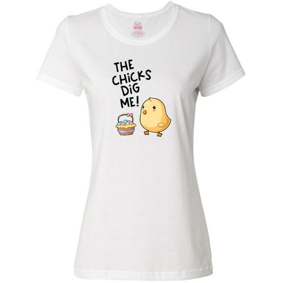 Inktastic The Chicks Dig Me Easter Baby Chick with Basket and Eggs Women's T-Shirt