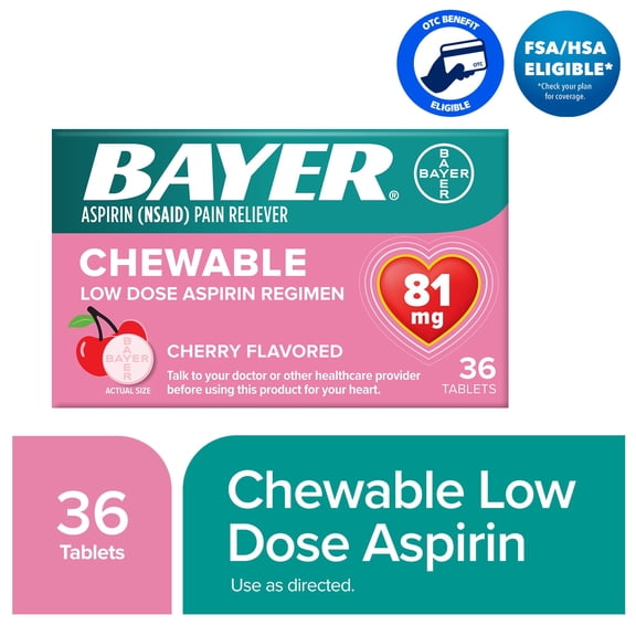 Bayer Chewable Aspirin Regimen Low Dose Pain Reliever Tablets, 81mg, Cherry, 36 Count