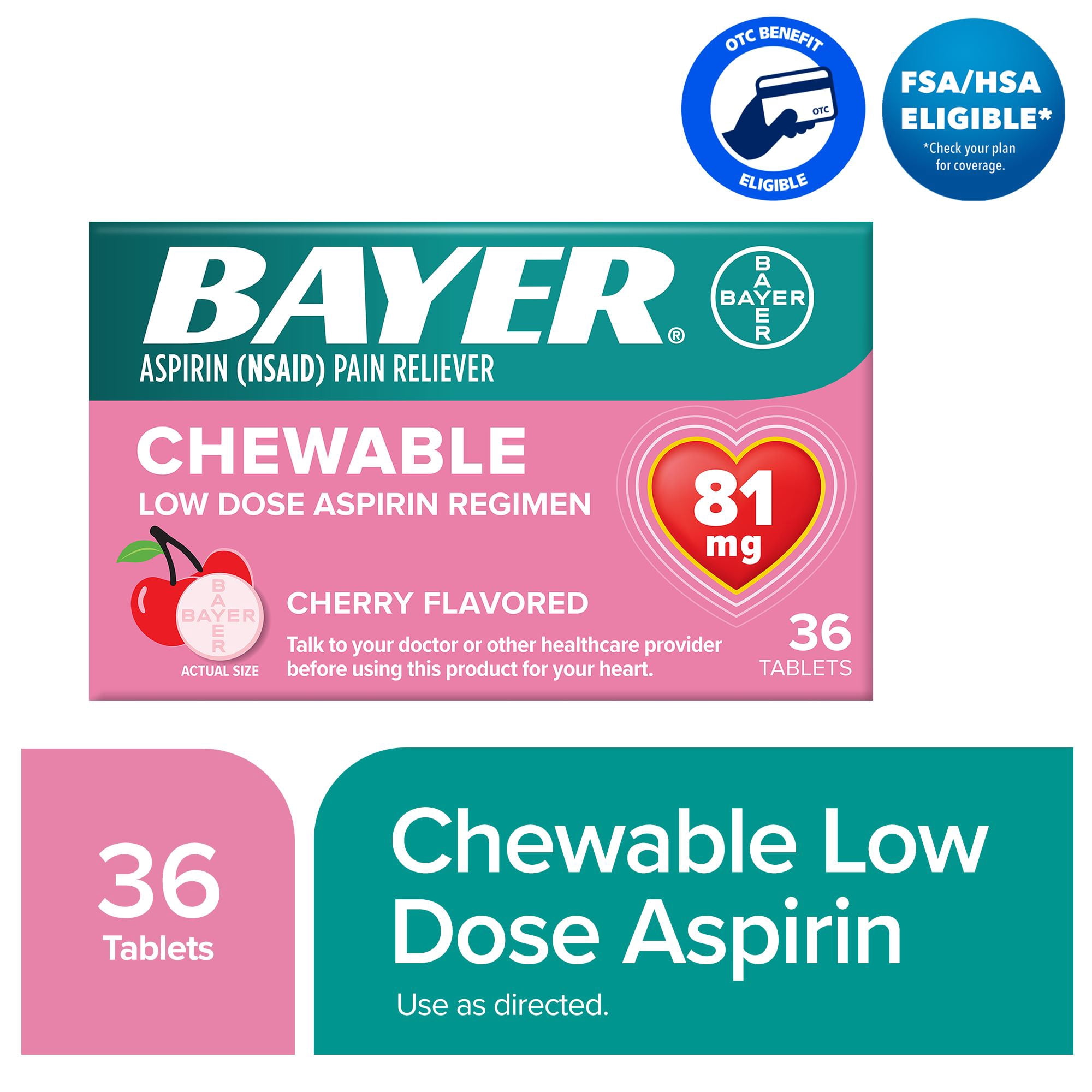 Bayer Chewable Aspirin Regimen Low Dose Pain Reliever Tablets, 81mg, Cherry, 36 Count