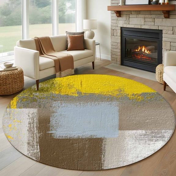 Round Area Rug 5 Ft, Yellow Brown Washable Non-Slip Circle Carpet for Living Room/Bedroom, Abstract Blue White Vintage Oil Painting Low-Profile Runner Mats Collection Rugs for Indoor