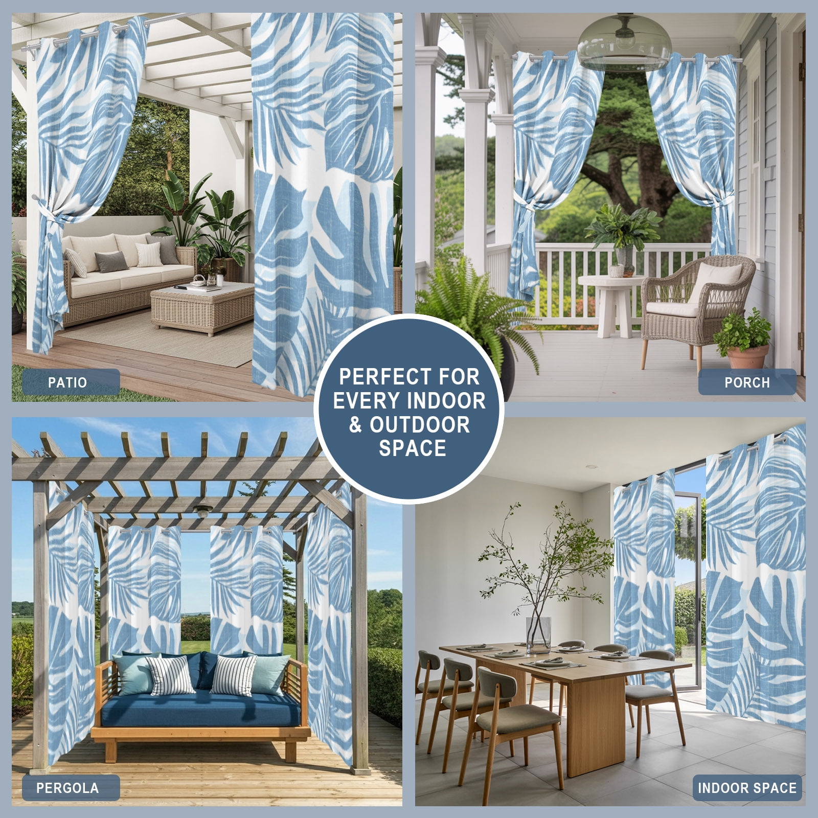 Coastal Blue Palm Leaves Outdoor Curtains for Patio, Tropical Botanical Minimalist Modern Sunshade Privacy Drapes Grommet Waterproof Outside Curtains for Porch/Cabana/Balcony 54"x 108", 1 Panel