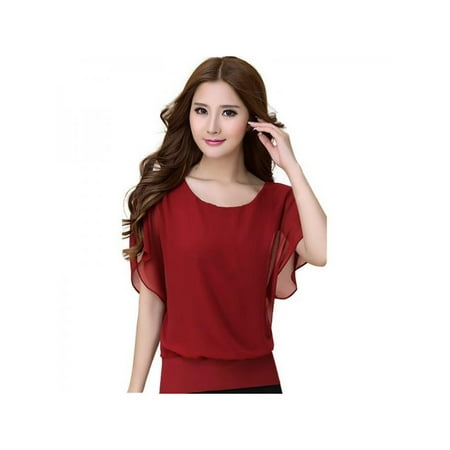 - Sweetsmile Womens Crew-Neck Chiffon Ruffle Batwing Short Sleeve Blouse Shirt Tops