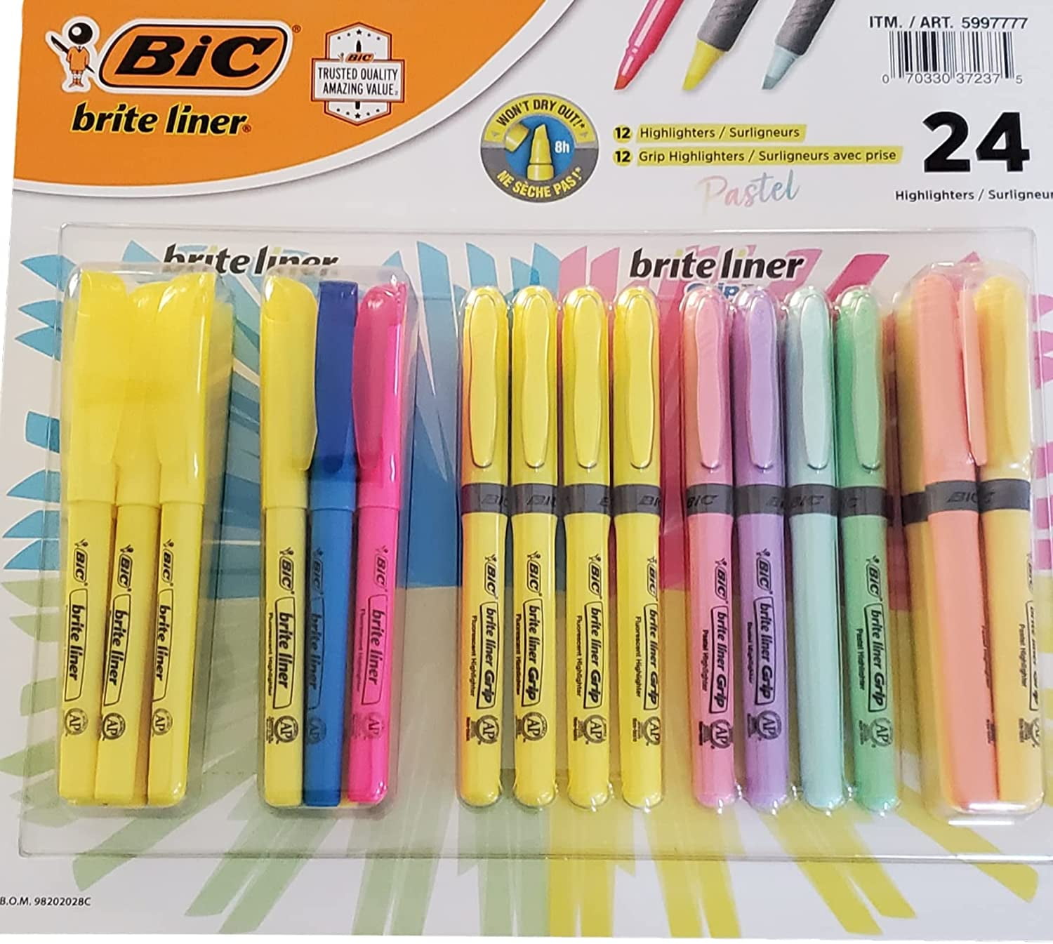 BIC Brite Liner Highlighters with pastel colors and grip (24Pack
