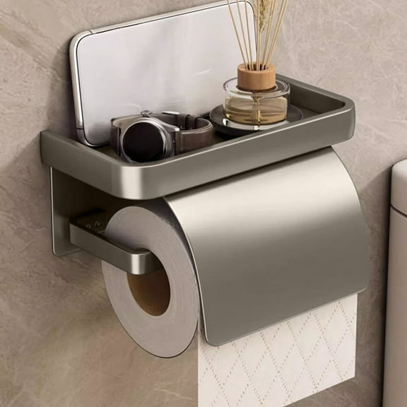 Matte Toilet Paper Holder Wall Mounted With Phone Shelf, Self-Adhesive Modern Toilet Tissue Holder Fit Mega Roll Toilet Paper, Cat Proof Toilet Paper Holder Bathroom Metal Aluminum Covered Holder