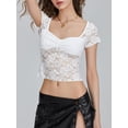 thumbnail image 3 of Women Lace Crop Tops Short Sleeve Pleated Tshirts See-through Slim Fit Blouse Summer Casual Tops Clubwear, 3 of 8
