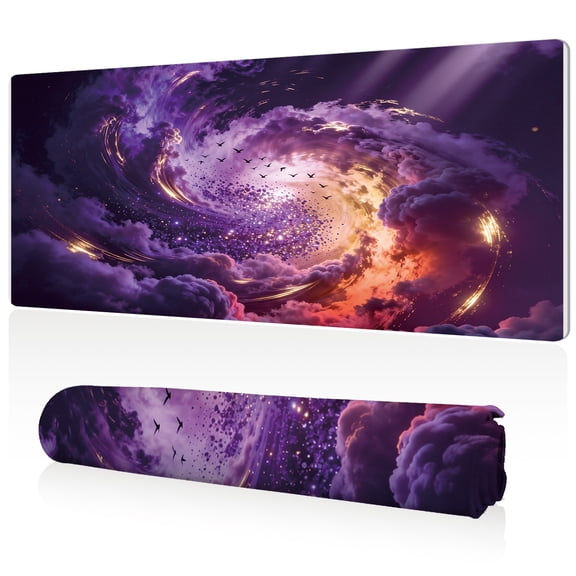 LIVEKEY Mouse Pad 80x40x0.3cm Purple Nebula Cloud Vortex Galaxy Space Sky Birds Stars Glowing Particles Extra Large Full Desk Coverage Non Slip Durable Easy Clean Stitched Edges for Gaming and Office