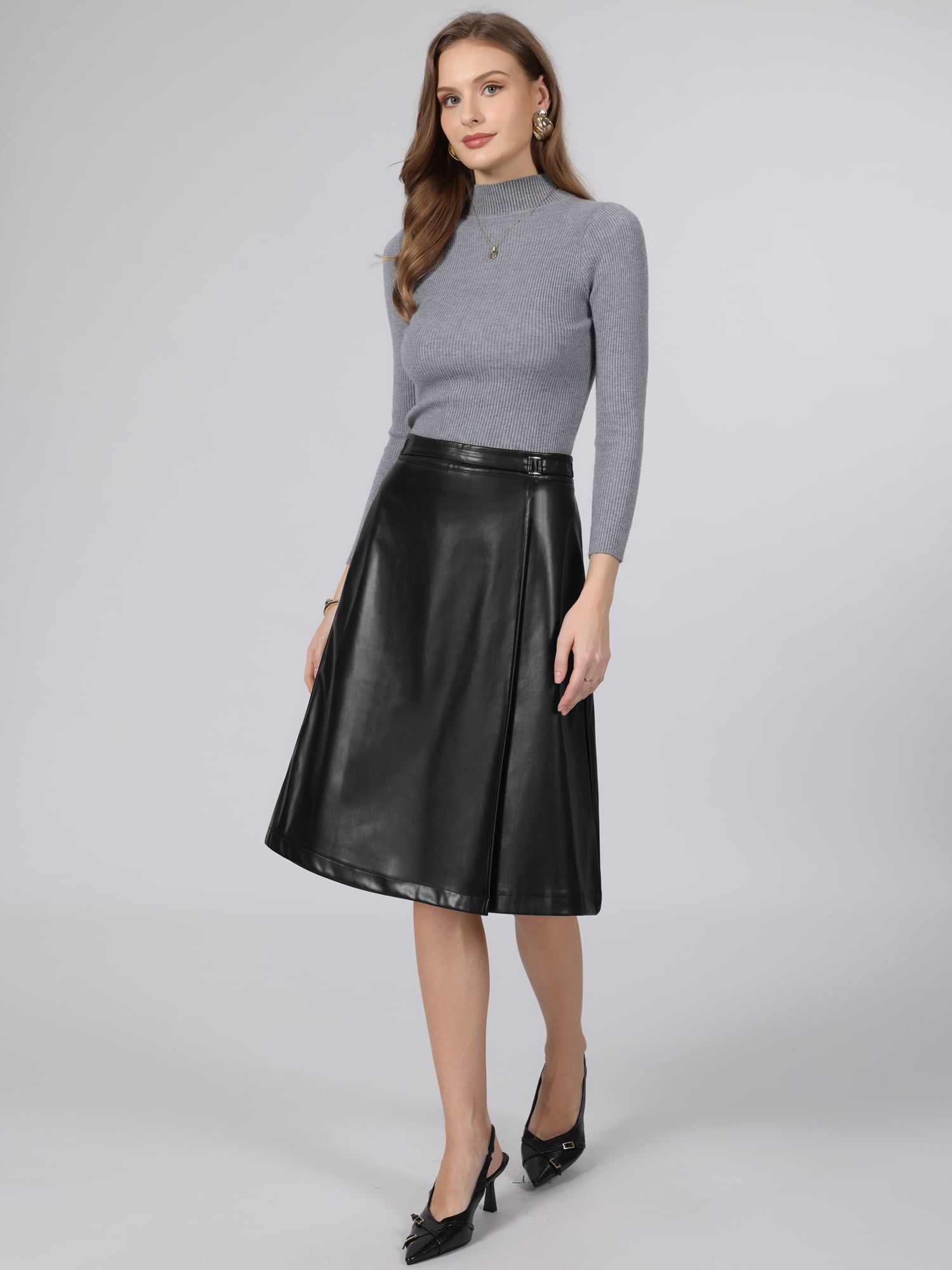 DARING DIVA Women's Faux Leather Skirt High Faux Wrap PU A-Line Skirts L Black