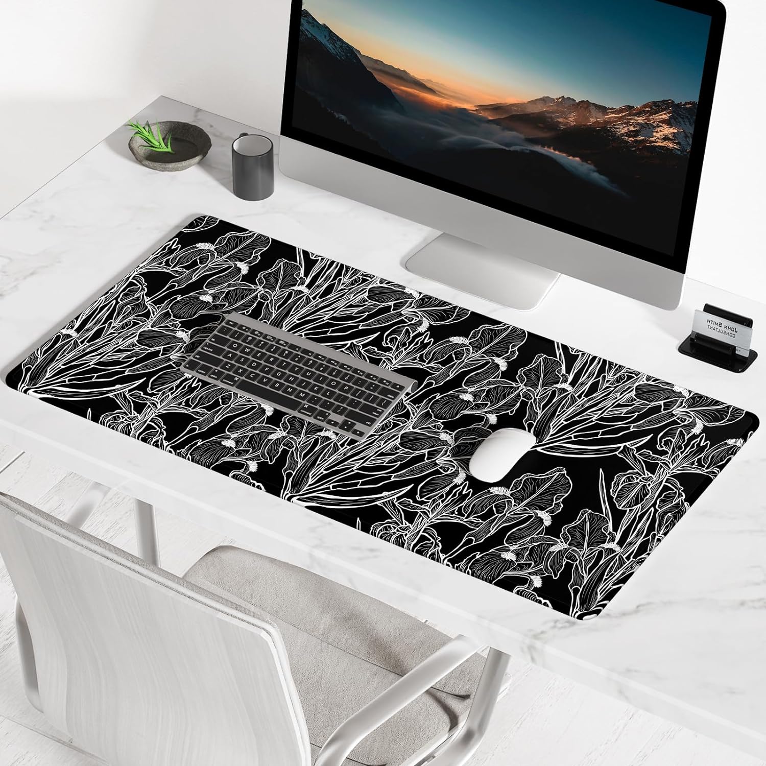 Large Mouse Pad, Desk Pad, XXL XL Extended Gaming Mouse Pad, Desk Mat for Office & Home, Long Keyboard Mat, Huge Mouse Pad, Desktop Full Cover 35.5 x 15.7 Inches, Art Impressionist Flower Black