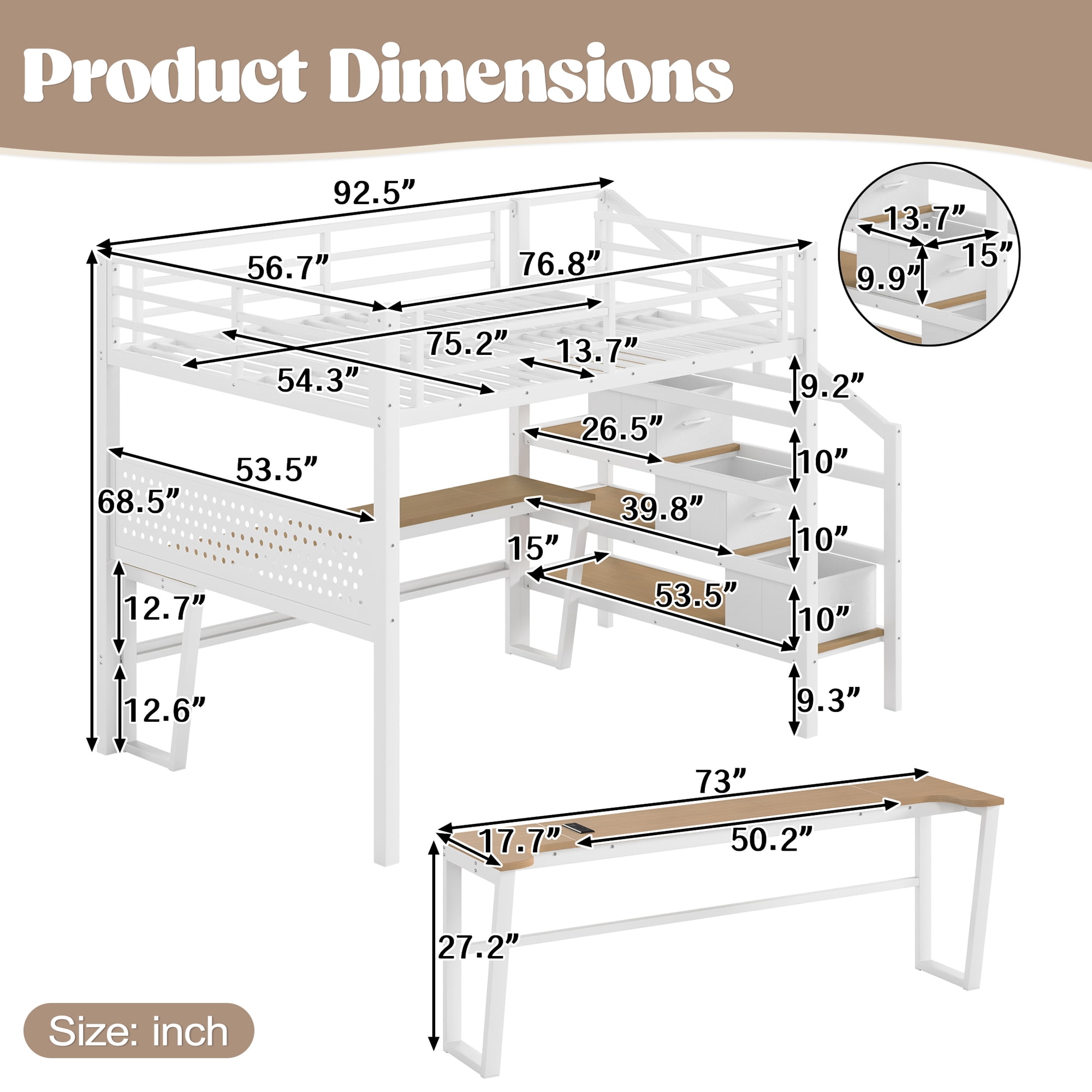 Leumius Full Size Loft Bed with Storage Stairs and Movable Desk with USB,Metal Loft Bed Frame with 3 Fabric Drawers and LED, Full-Length Guardrail and Pegboard,Antique White