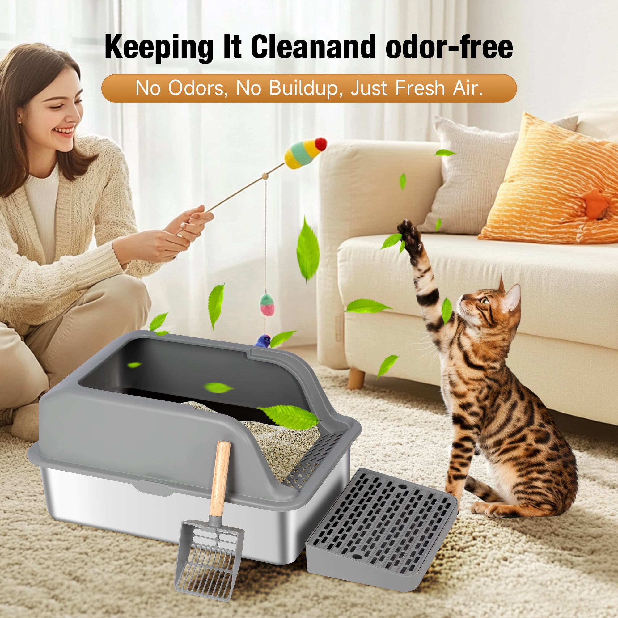 Extra Large Stainless Steel Cat Litter Box with Lid,24 x 16 x 15.74-in,High Sided Metal Cat Litter Box for Large Cats & Multiple Cats,with Scoop and Footboard, Gray
