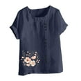 thumbnail image 4 of YOTAMI Plus Size Summer Linen Tops for Women Fashion Short Sleeve Graphic T Shirts for Party Floral Print Crew Neck Oversized Clothes Blue, 4 of 4