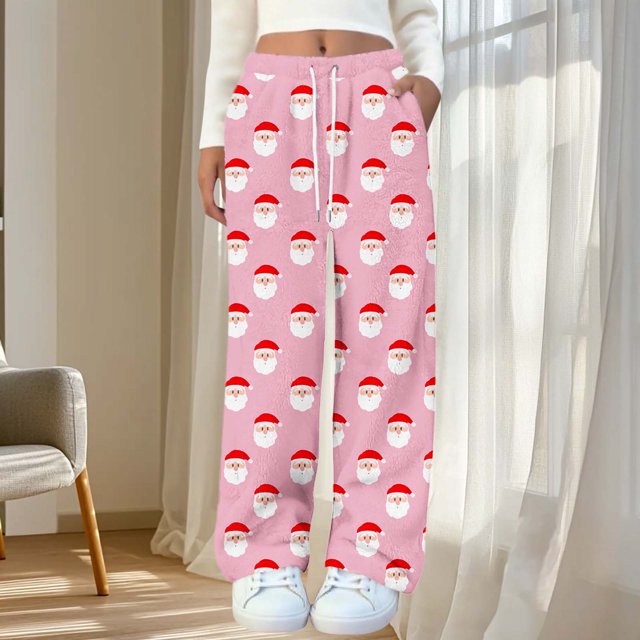 Puyaiuu Women's Christmas Plush Pajama Pants with Pockets Adjustable lacing, Soft Fleece Lounge Pants Holiday Print Gift