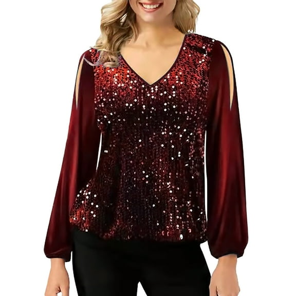 felwors Women's Sequin Tops Sheer Long Sleeve Glitter Sparkly Party Blouse Velvet V-Neck Dressy Tops for Evening Party Red, M