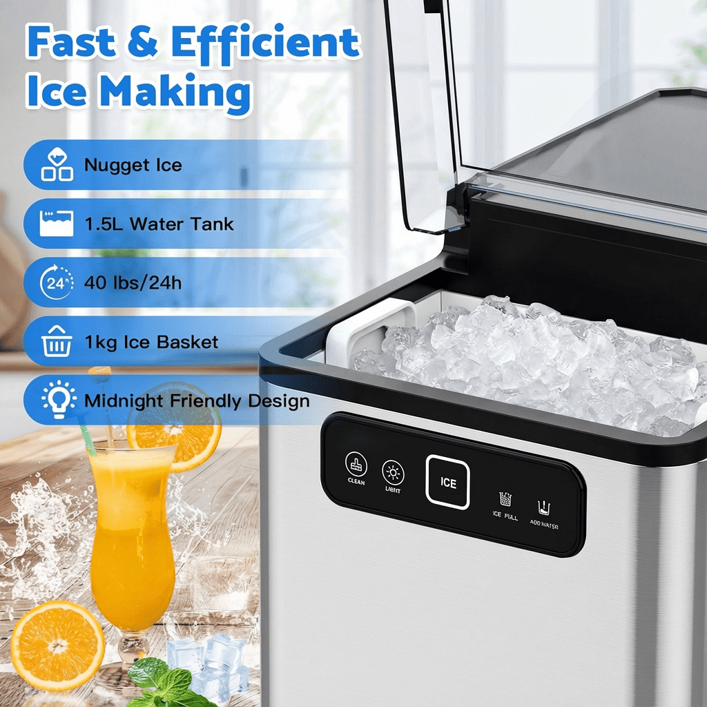 Advwin Nugget Ice Maker Countertop, 40lbs/Day Pellet Ice Machine, Self-Cleaning Portable Ice Maker with Ice Scoop & Basket, Stainless Steel, Ideal for Home, Kitchen, Office