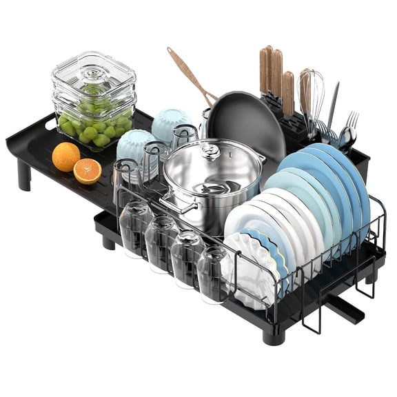 INTIGE Large Dish Drying Rack for Kitchen Counter, Extendable Dish Racks, Dish Drainer with Cutlery Holder, Foldable Dish Strainers, Storage Rack with Drainboard for Kitchen Countertop, Black