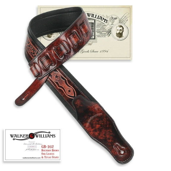 Walker & Williams GB-162 Bourbon Brown Padded Guitar Strap with Oak Leaves & Texas Star