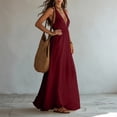thumbnail image 5 of Halter Neck V-Neck Sleeveless Maxi Dress Solid Color Flowy Dress Casual Summer Party Evening Gown for Women Wine L(L), 5 of 8