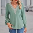thumbnail image 2 of HAPIMO Sales Womens Slim Shirt Casual V Neck Lace Stitching Solid Color Long Sleeved Loose Tunic Shirt Daily Tops Teen Grils Fashion Clothes Green L, 2 of 8
