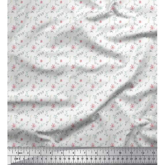 Soimoi White Cotton Duck Fabric Floral & Leaves Fabric Prints By Yard 56 Inch Wide