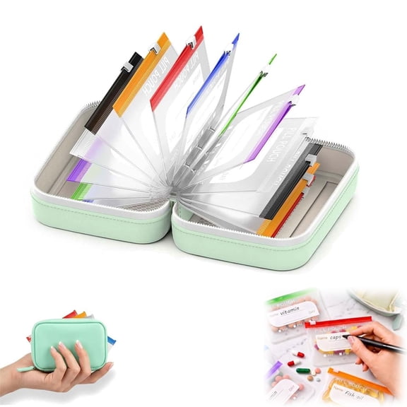 Pilly the pillorganizer bag, Waterproof Pill Organizer with Writable Labels, Compact Daily Medication Pouch, 14 Pack (Green)