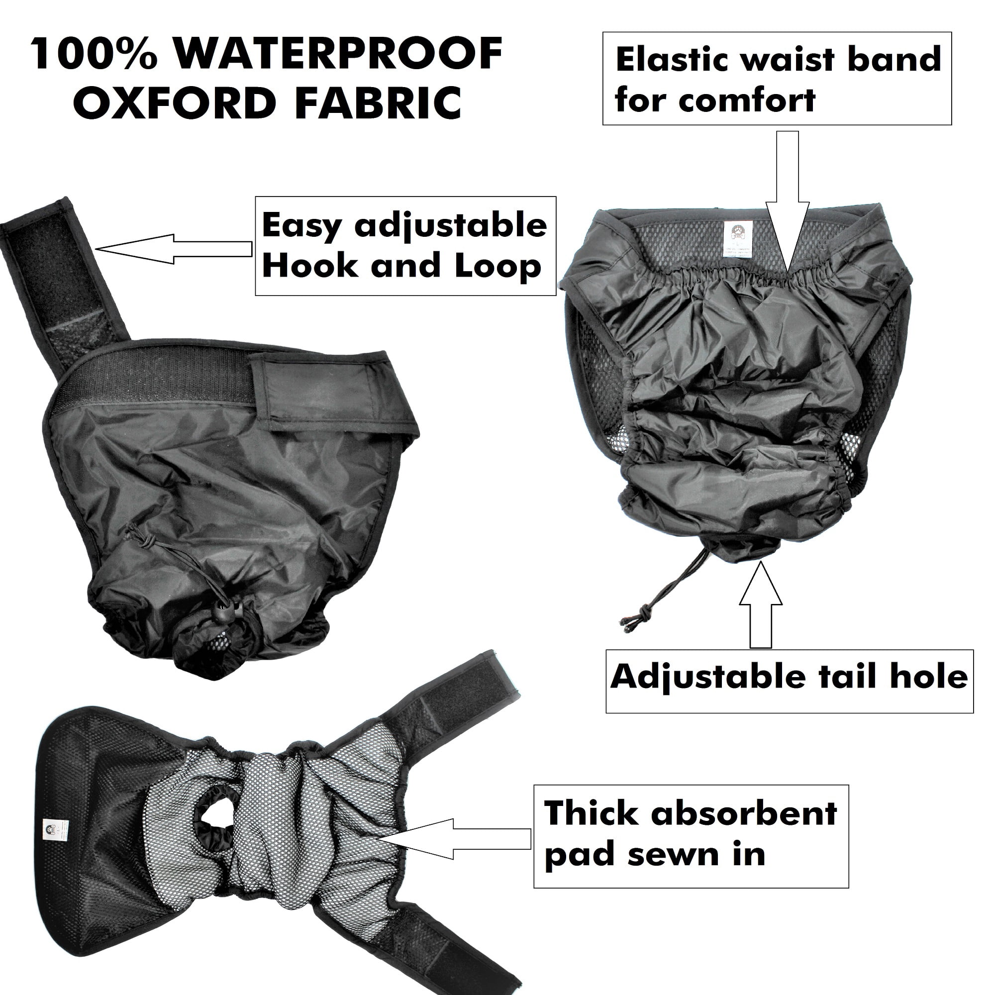 Pack - 2pcs Waterproof Dog Diapers Female Washable Reusable Absorbent Pad Black Sz XXL (waist 22" - 26")