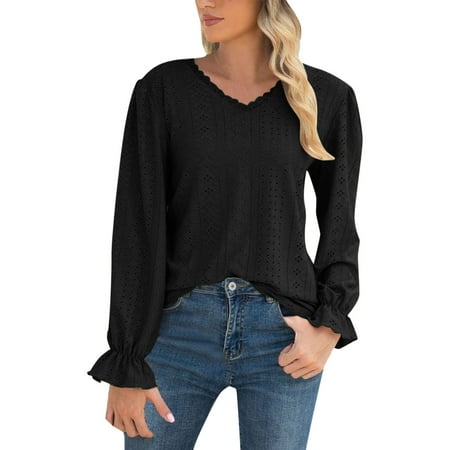 

HSMQHJWE Black Womens Shirt Casual T Shirt Top Women Fashion Solid Color Long Sleeve V Neck Hollow Lace Loose Top T Shirt Polyester Christmas Pajamas
