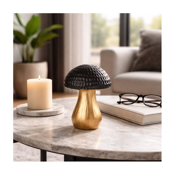 Hammered Top Mushroom Figurine for Home Decor - Stoneware Sculpture for Bathroom, Office, Living Room or Shelf Display - Contemporary Ornament with Textured Design for Coffee Table - 7", Black & Gold