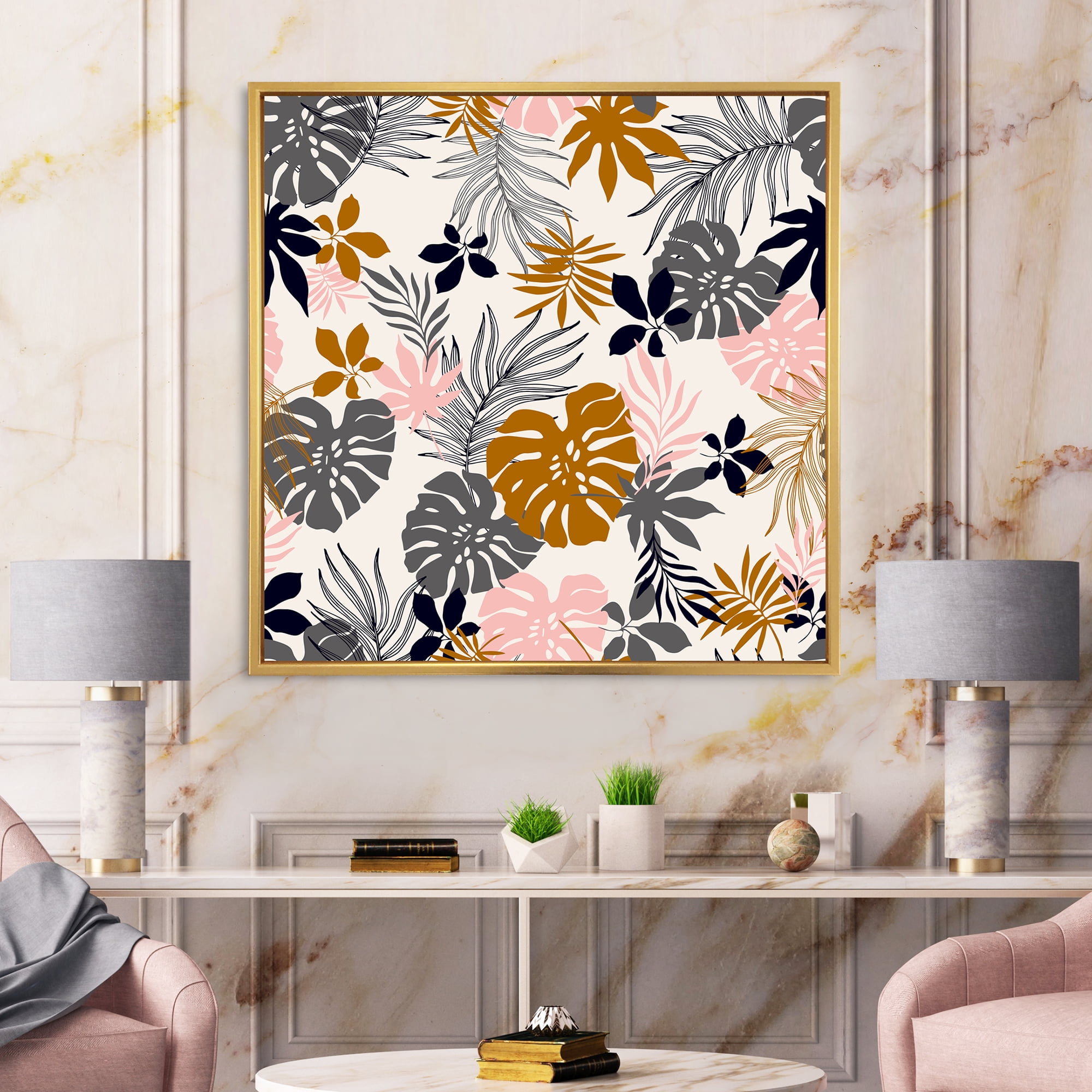 Tropical Nature palm Monstera Leaves In Silhouette On White 16 in x 16 in Framed Painting Canvas Art Print, by Designart