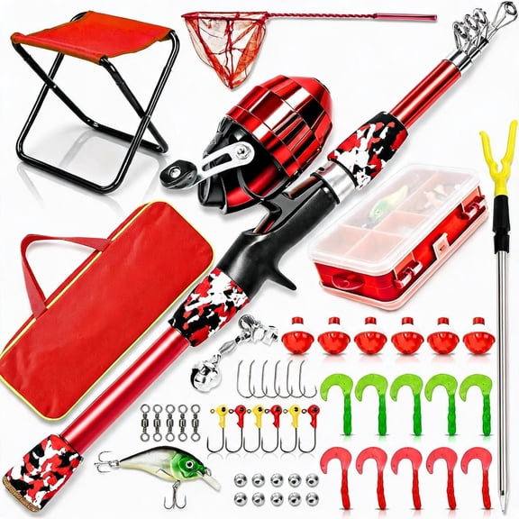 Kids Fishing Pole Set with Telescopic Rod Reel Carry Bag Collapsible Chair Rod Holder Bait Net and Tackle Box in Red 4 Feet