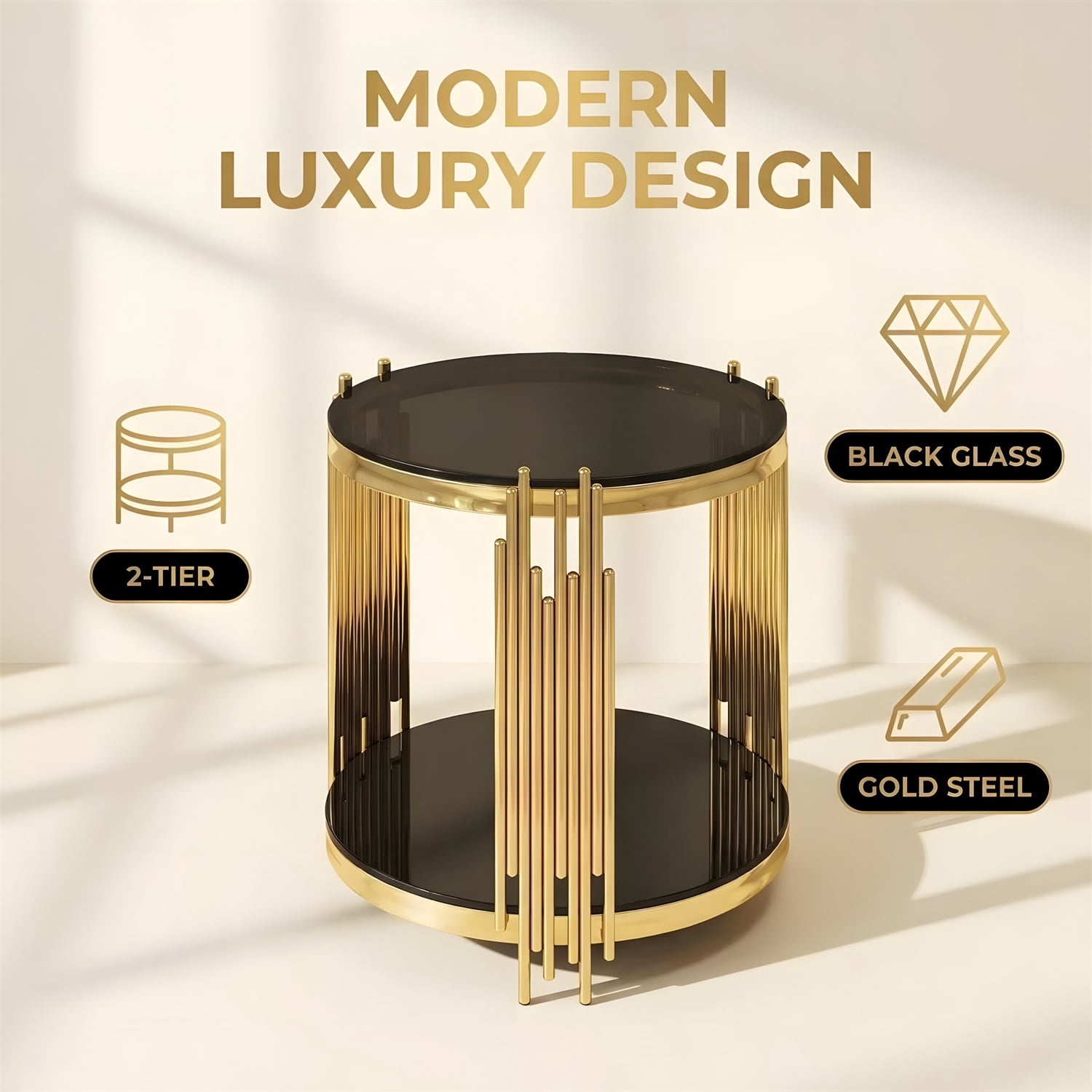 Hommoo 19.7 Inch Round and 2-Tier Glass End Table, Modern Luxury Tempered Glass Side Table with Stainless Steel Legs for Living Room, Bedroom & Home Office, Black & Gold