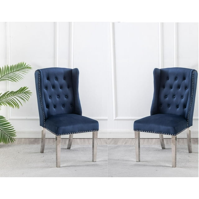 CHAISES K-LIVING FILA EN VELOURS TOUFFETÉ DE COULEUR BLEUE AVEC PIEDS EN ACIER INOXYDABLE ET POIGNÉE ARRIÈRE ROBUSTE (2 CHAISES)