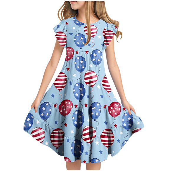 LMKIHUSA Fourth of July Dress for Girls Short Sleeve Crew Neck Pocket Outfits Casual Loose Princess Dresses American Flag Printed Clothes 2025 Blue,12 Years