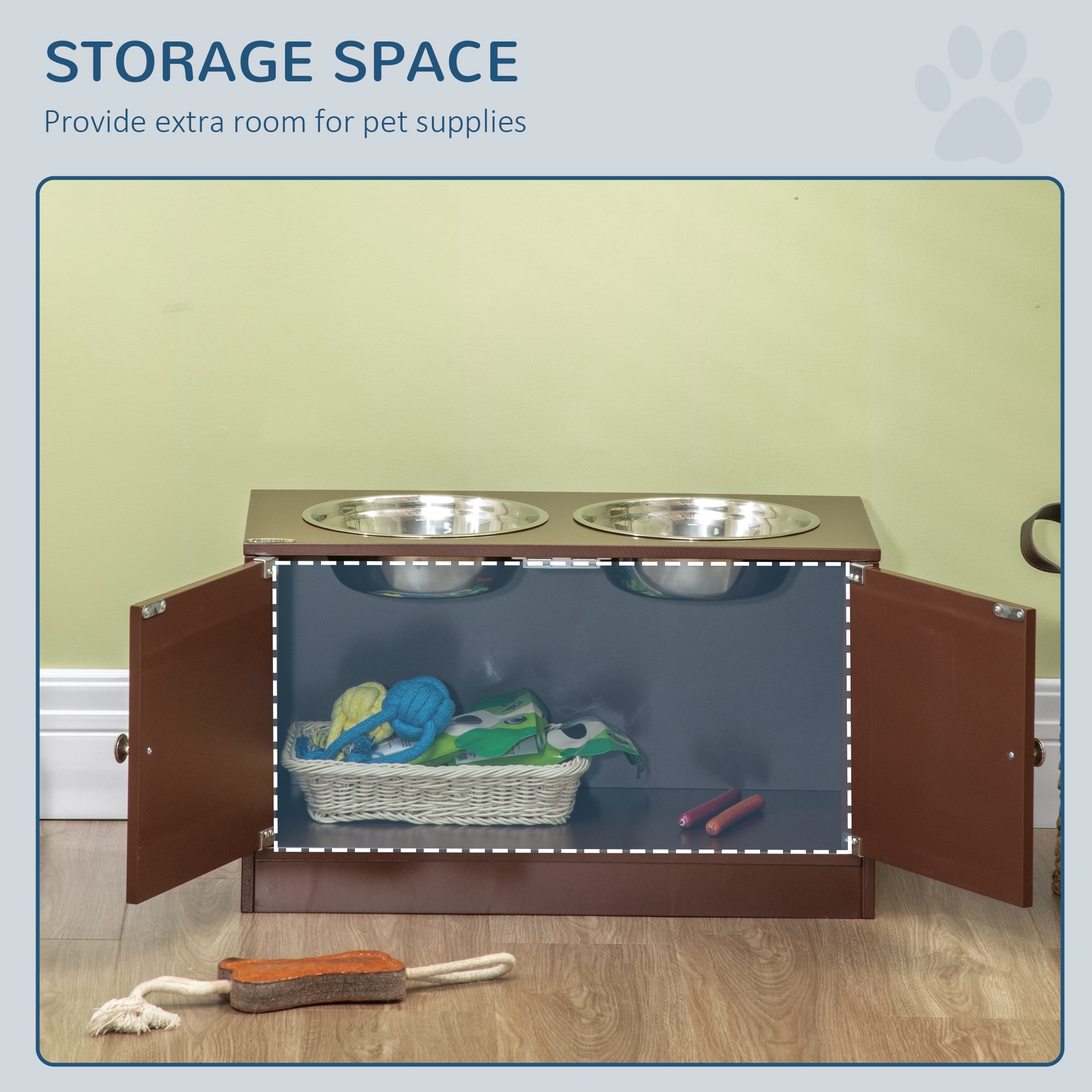 Large Elevated Dog Bowls with Storage Cabinet Containing Large 44L Capacity, Raised Dog Bowl Stand Pet Food Bowl Dog Feeding Station, Brown