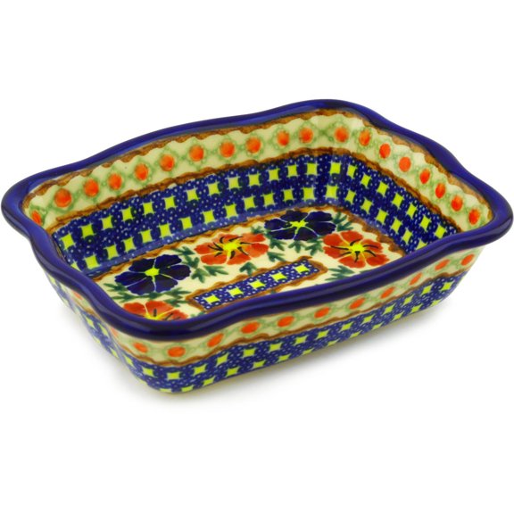 Polish Pottery 7¾-inch Rectangular Baker (Paradise Poppy Theme) Signature UNIKAT Hand Painted in Boleslawiec, Poland Certificate of Authenticity