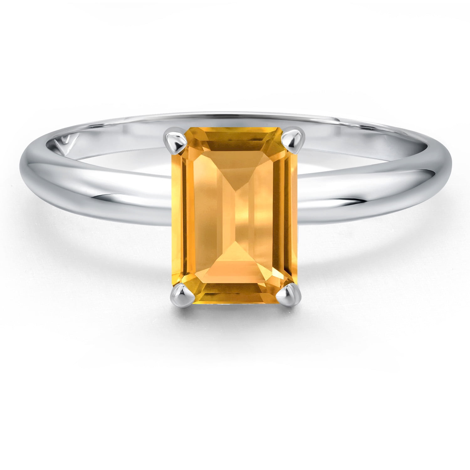 Gem Stone King 14K White Gold Yellow Citrine Solitaire Engagement Ring for Women | 1.65 Cttw | Emerald Cut 8X6MM | Gemstone November Birthstone | Size 7