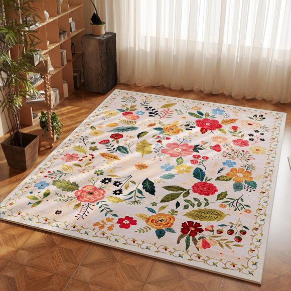 Carpet Washable Bohemian Style Carpet Non-slip Low Pile Floral Area Rug for Bedroom, Bedside, Kids Room, Office, Dining Room (Beige)