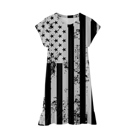 

MIASHUI Girls Fourth Of July Independent Day Star Stripes Prints Short Sleeves Party Princess Dress