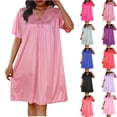 thumbnail image 2 of Fengactive Satin Nightgowns for Women Short Sleeve Silky Chemise Pleated V Neck Flowy Nightshirt Plain Soft Sleep Dress, 2 of 4