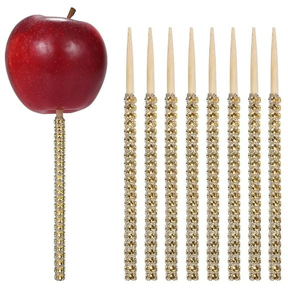 Travelwant 12Packs Bling Candy Apple Bamboo Sticks, Caramel Apple Wooden Pointed Skewers with Rhinestones Diamond Mesh Wrap, Fruit Treats Pop Dec Bar