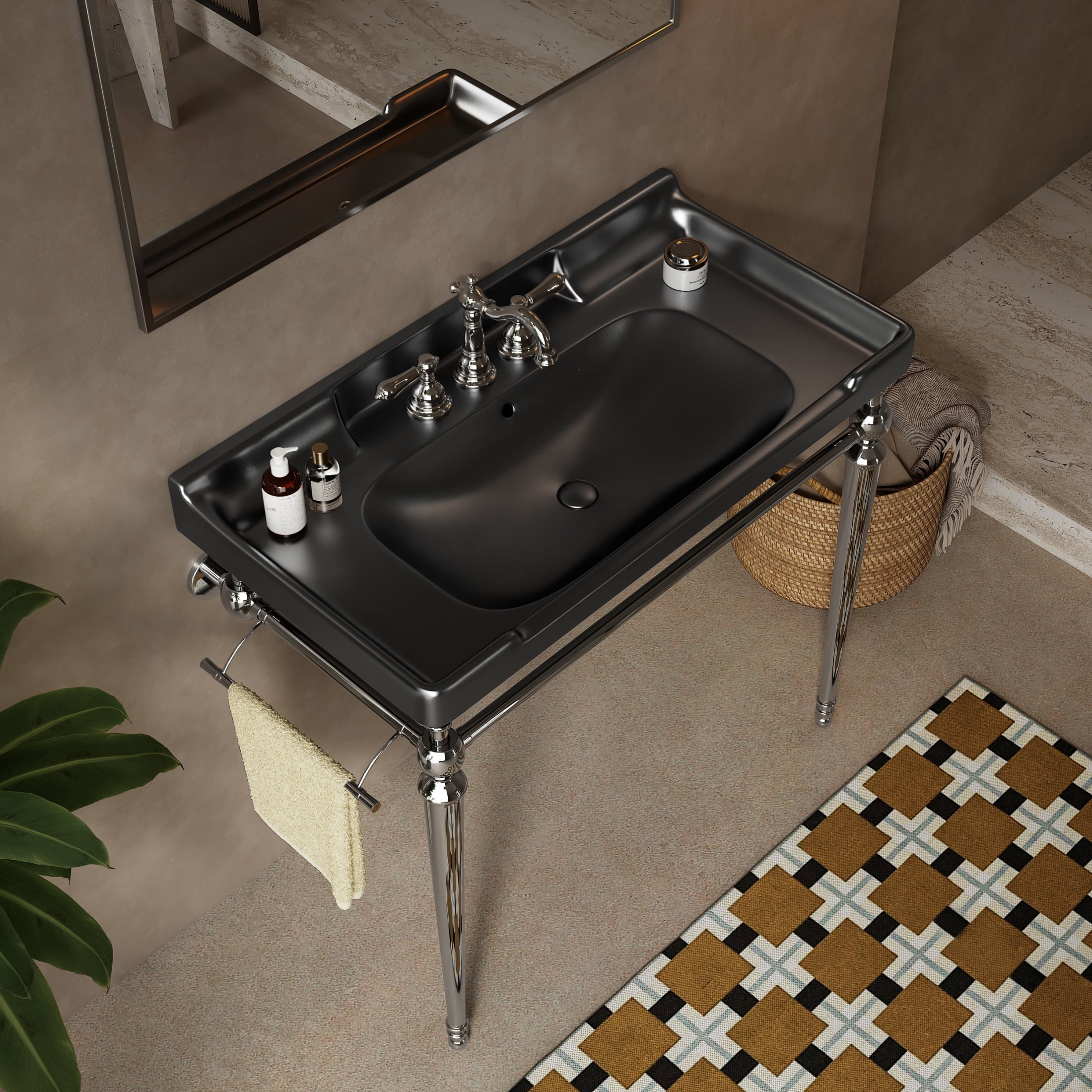 Noble House Vici 36" Bathroom Ceramic Basin Sink, 3 Faucet Holes with Wide Countertop Deck Toiletries Storage, Black
