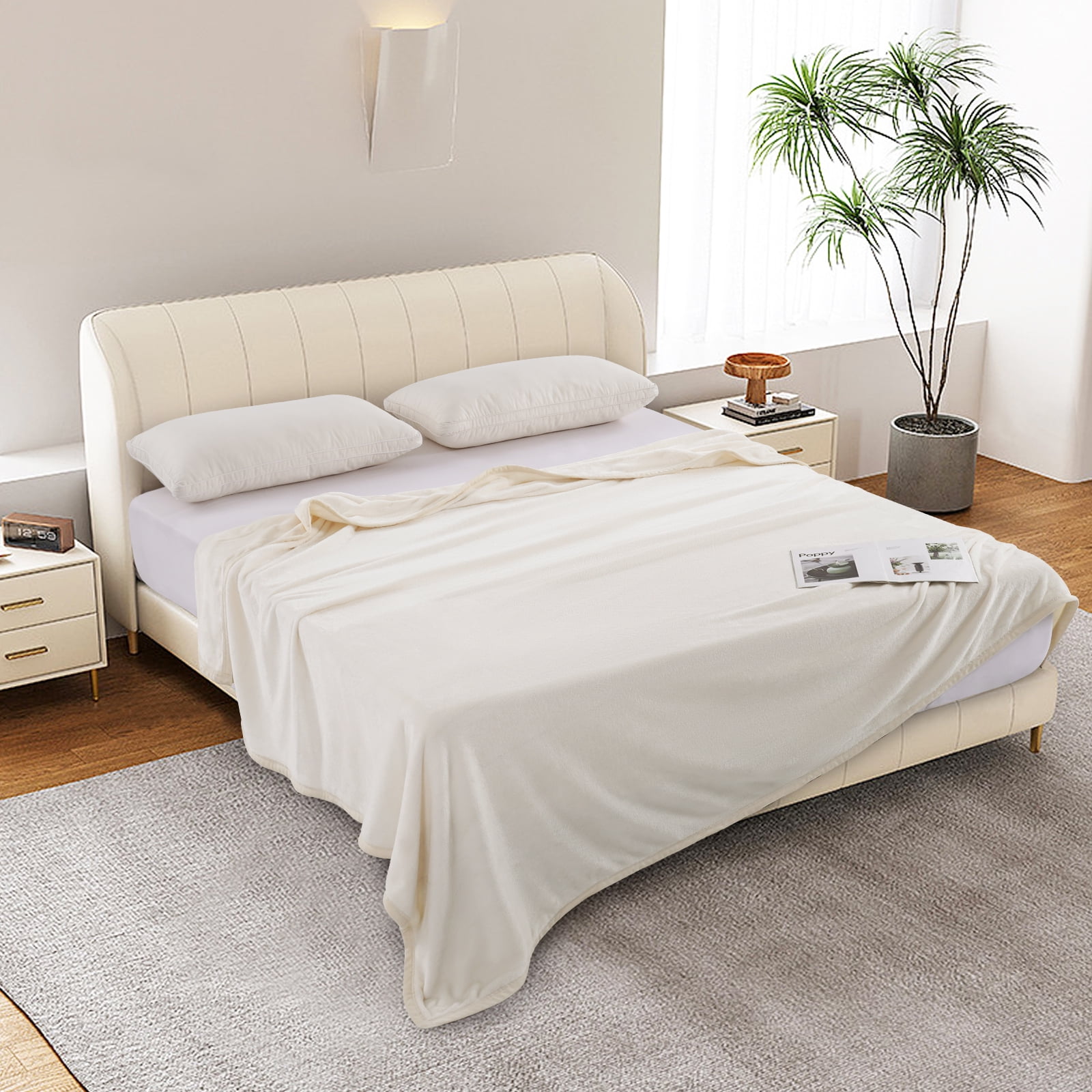 TEKAMON Fleece Bed Blankets Queen Size Plush Fuzzy Soft Lightweight Breathable Reversible Blanket Microfiber, 90"x90", Ivory