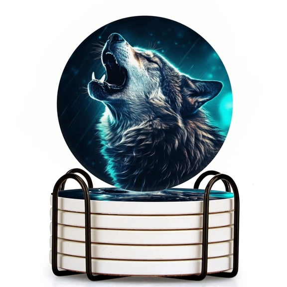 Fantasy Art Of Angry Wolf Howling In The Night Set of 6 Ceramic Coasters with Holder, Absorbent Drink Bar Coasters, Table Coasters for Living Room Decor Tabletop Protection