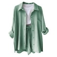 thumbnail image 3 of Fmbrln Womens Summer 2 Piece Sets Casual Turndown Collar Button Long Sleeve Shirts and Drawstring Elastic High Waist Shorts Sets Lounge Sets Mint Green XL, 3 of 5