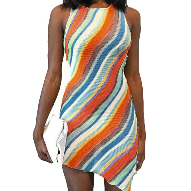 Canrulo Women Crew-Neck Crochet Dress Sleeveless Striped Bodycon Halter