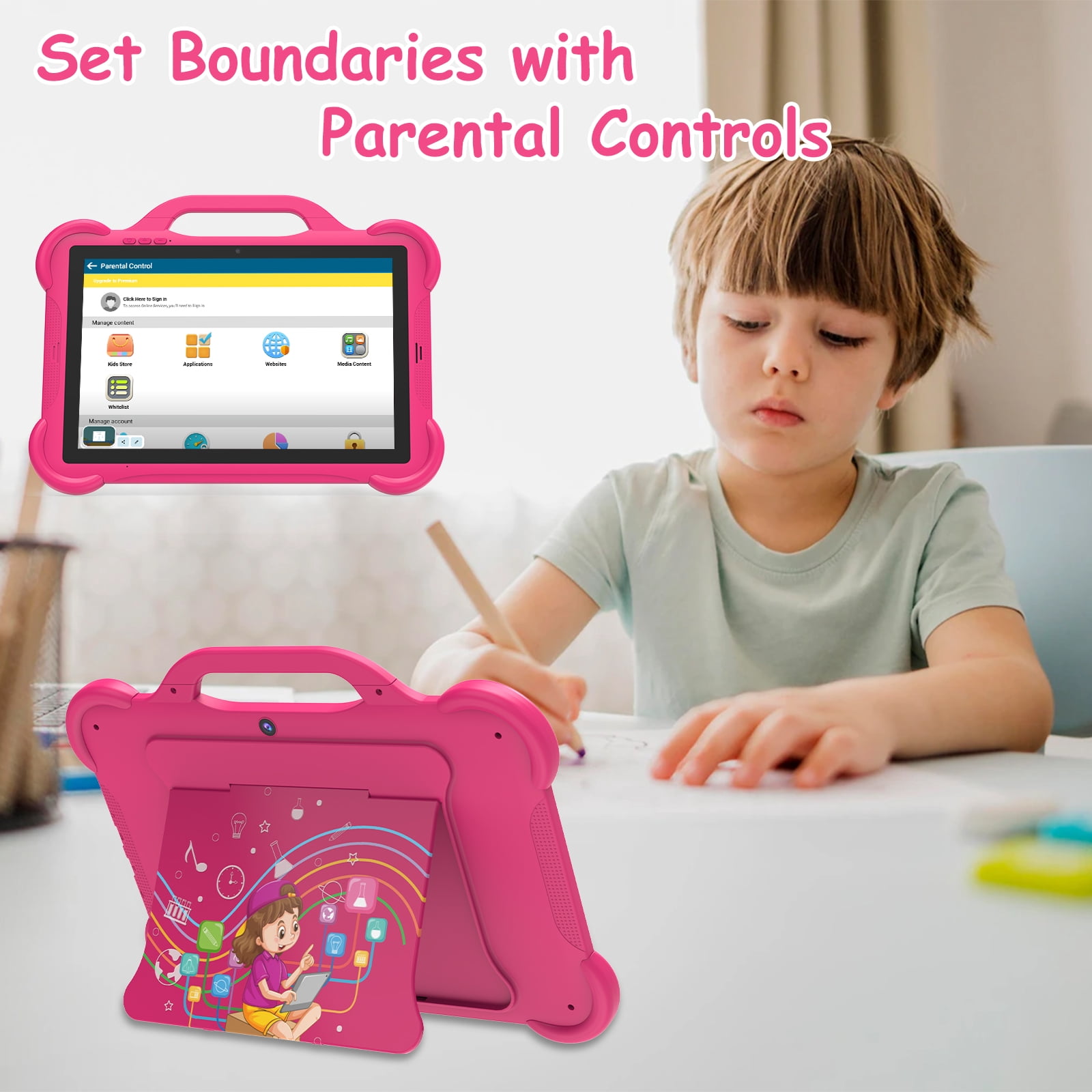 Peicheng AT11K (2025) 10 in 1280x800 Kids Tablet, Parental Control, Dual Camera, Android 14.0 Tablet Bundle