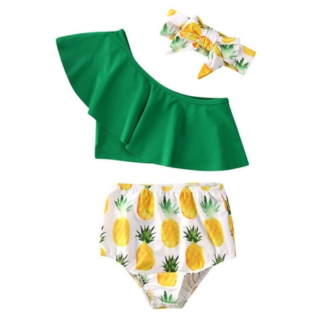 

Sunisery Toddler Baby Girls SwimwearOne Shoulder Tops Pineapple Shorts Headband Sets Green 6-12 Months