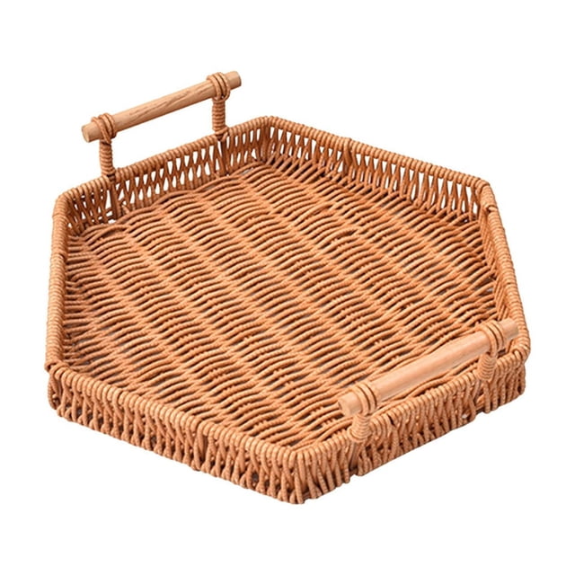 Imitation Rattan Woven Storage Basket,Flexible Durable Plastic Container,Multi Functional Bread Snack Holder,Ventilated Draining Design,Metal Bracket Stable Base,Stylish Household Storage Tray