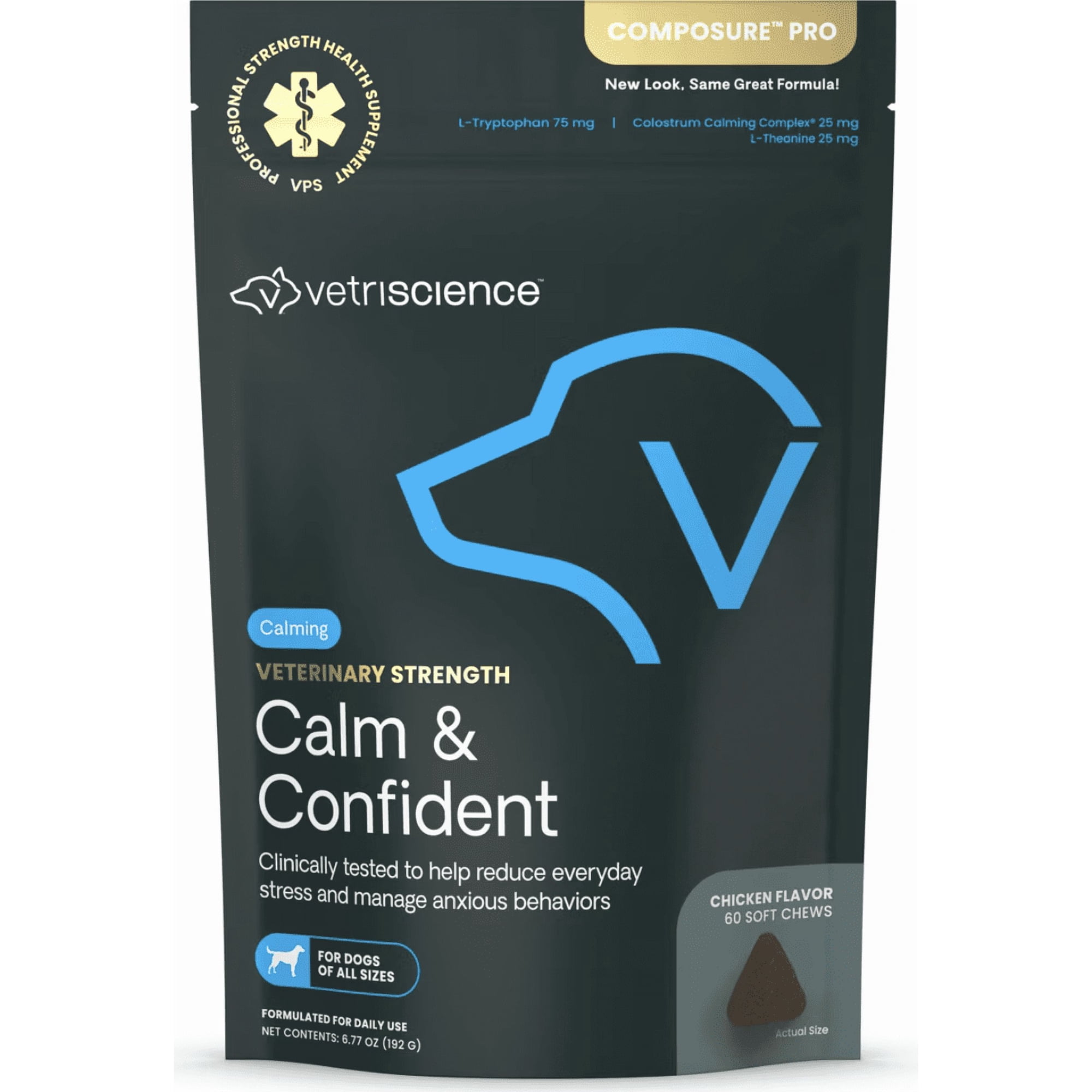 VetriScience Calm & Confident Thunderstorms Support Composure Pro Chicken Flavored Soft Chew Calming & Anxiety Supplement for Dogs, 60 count