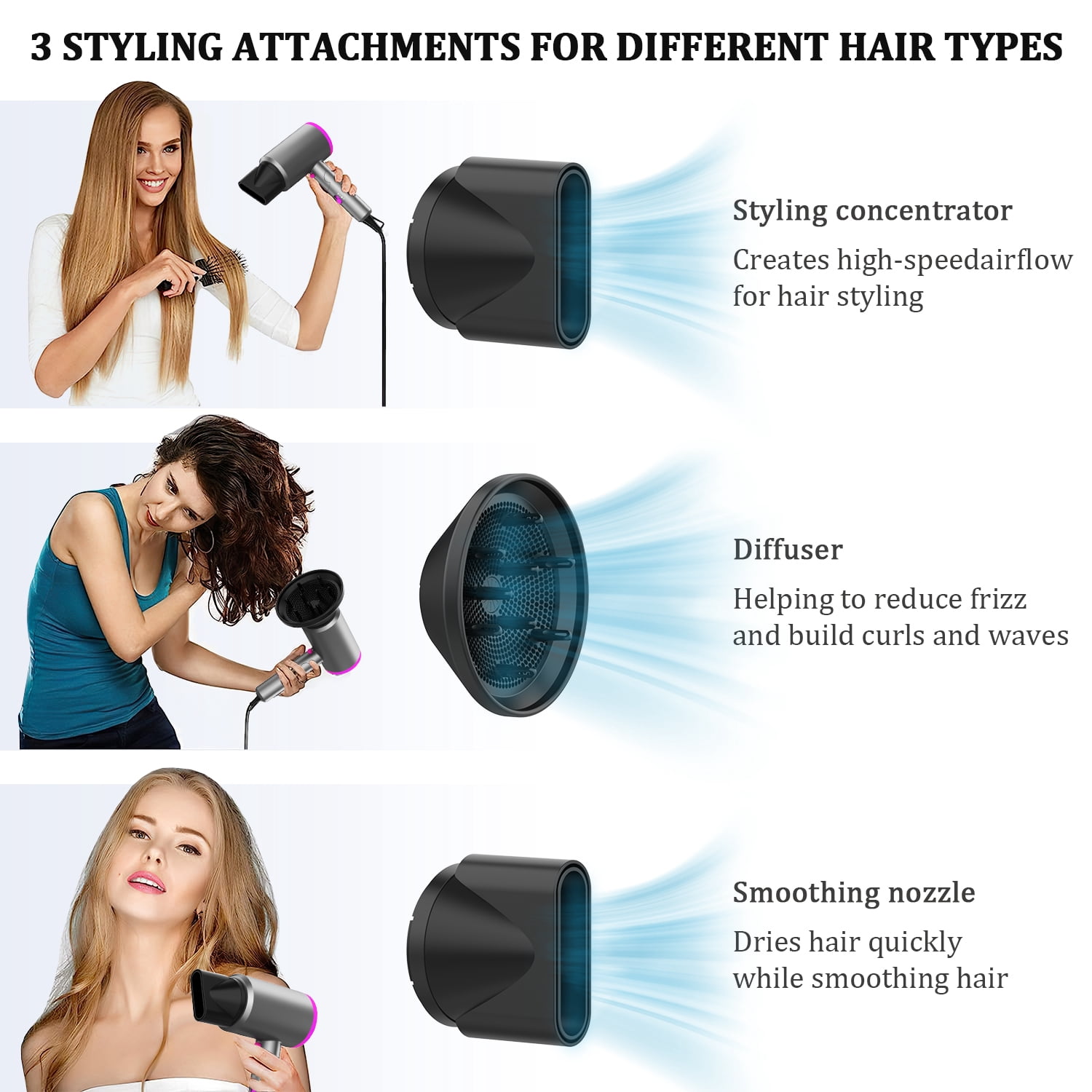 1800W Hair Dryer, Fast Hair Blower with Diffuser & Nozzles, Negative Ionic Blow Dryer for Women with Constant Temperature, Hair Dryer with Ceramic Technology Fasting Drying